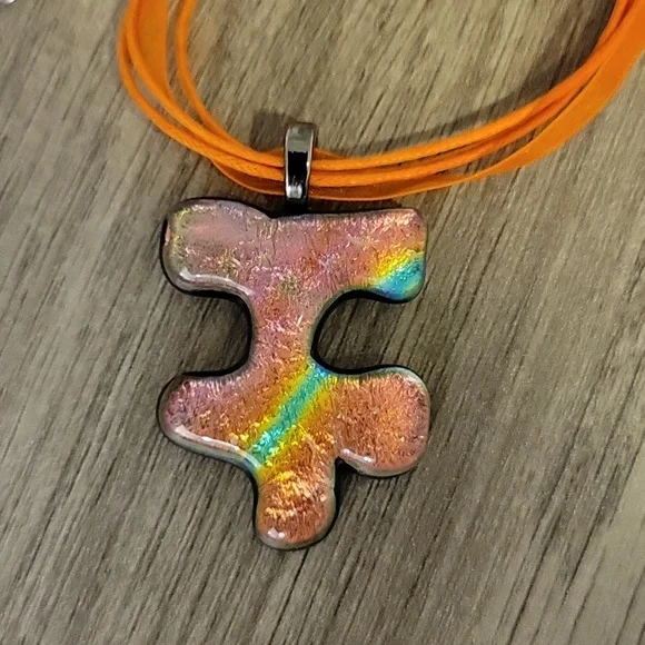 Autism Awareness Orange Multi Fused Glass Handmade Artisan Puzzle Pendant - Picture 5 of 7